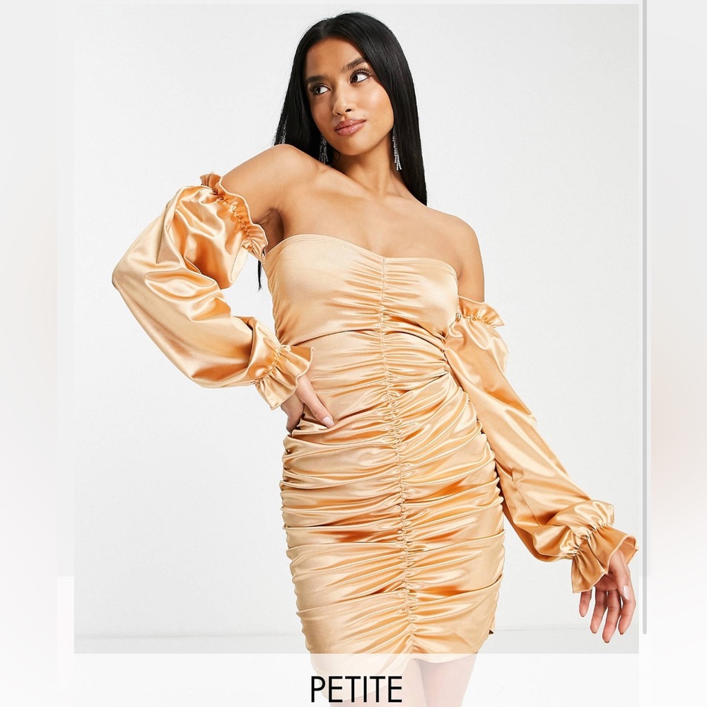 First Distraction The Label Petite bardot mini satin dress in caramel ruffle